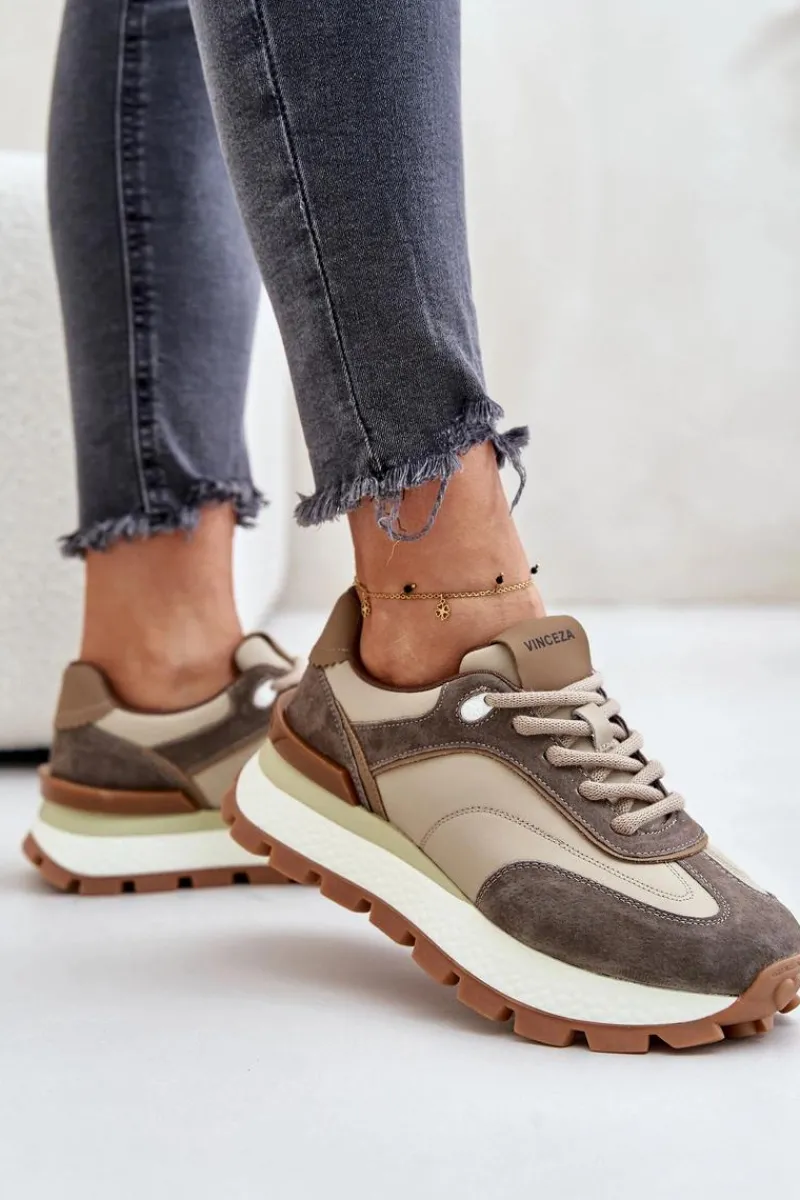 New Buty damskie Vinceza Sneakersy Damskie Na Platformie Ze Skóry Naturalnej Vinceza 41465 Beżowe