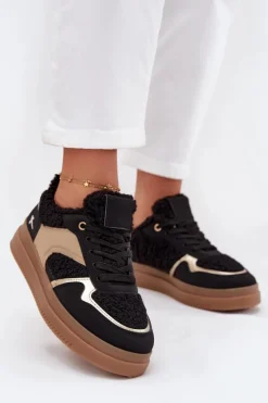 Best Boto Sneakersy Damskie Na Platformie Z Futerkiem Typu Baranek Czarne Frelina