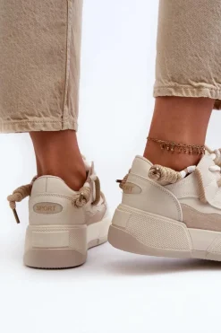 Sale Sneakersy Damskie Na Platformie Beżowe Moariella Damskie Sneakersy Damskie