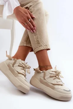 Sale Sneakersy Damskie Na Platformie Beżowe Moariella Damskie Sneakersy Damskie