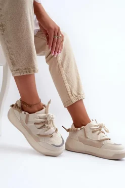 Sale Sneakersy Damskie Na Platformie Beżowe Moariella Damskie Sneakersy Damskie