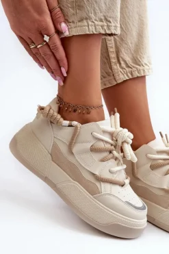 Sale Sneakersy Damskie Na Platformie Beżowe Moariella Damskie Sneakersy Damskie