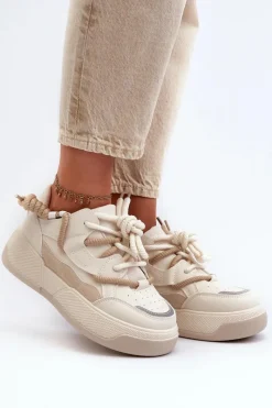 Sale Sneakersy Damskie Na Platformie Beżowe Moariella Damskie Sneakersy Damskie