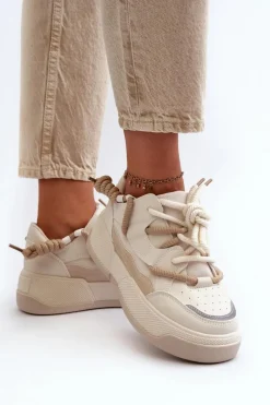 Sale Sneakersy Damskie Na Platformie Beżowe Moariella Damskie Sneakersy Damskie