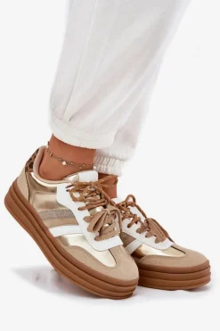 Hot Sneakersy Damskie Na Platformie Z Podwójnym Sznurowaniem Panterka Złote Niteria Damskie Sneakersy Damskie