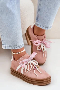 New Boto Sneakersy Damskie Na Platformie Z Ozdobami Różowe Vinness Różowy