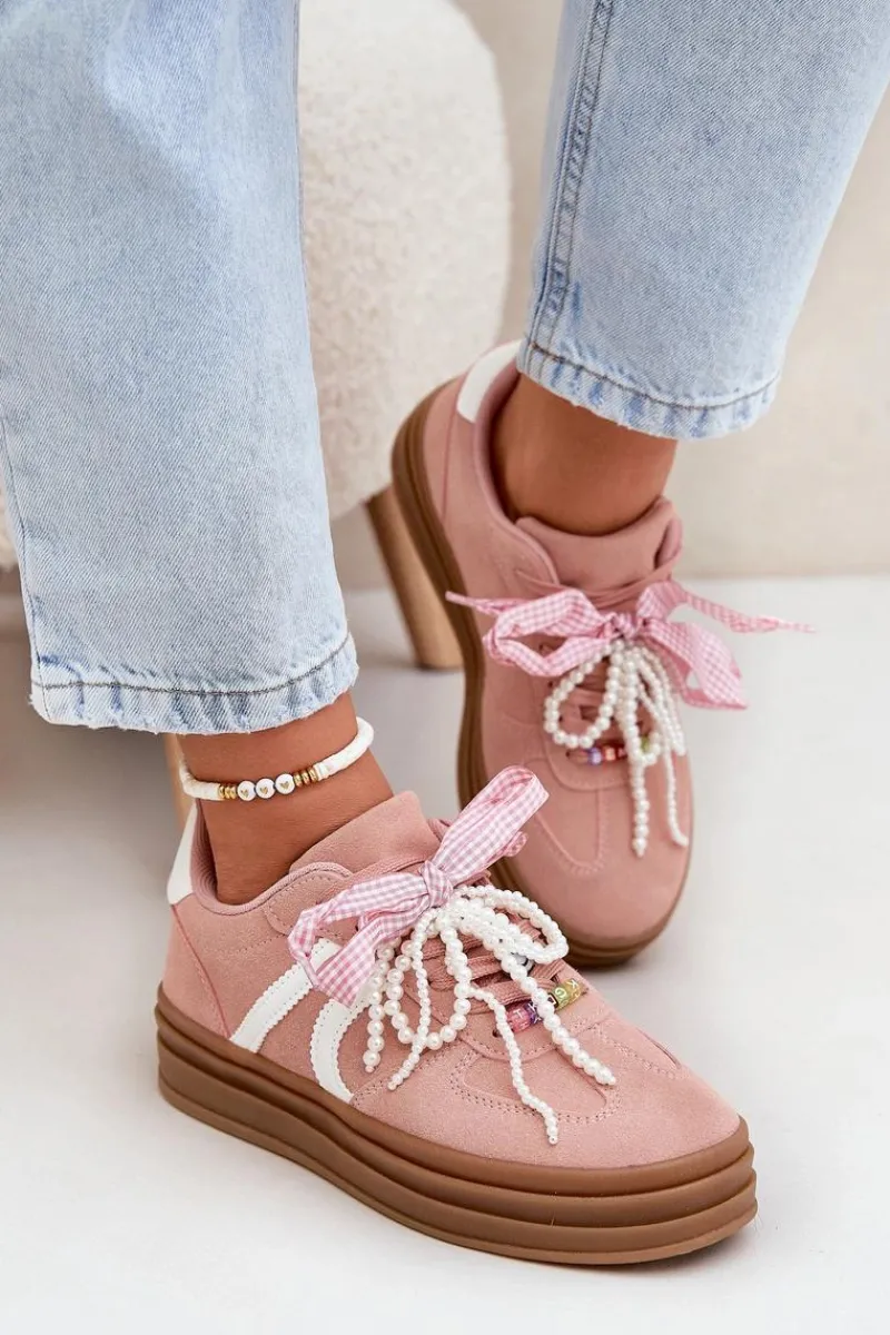 New Boto Sneakersy Damskie Na Platformie Z Ozdobami Różowe Vinness Różowy