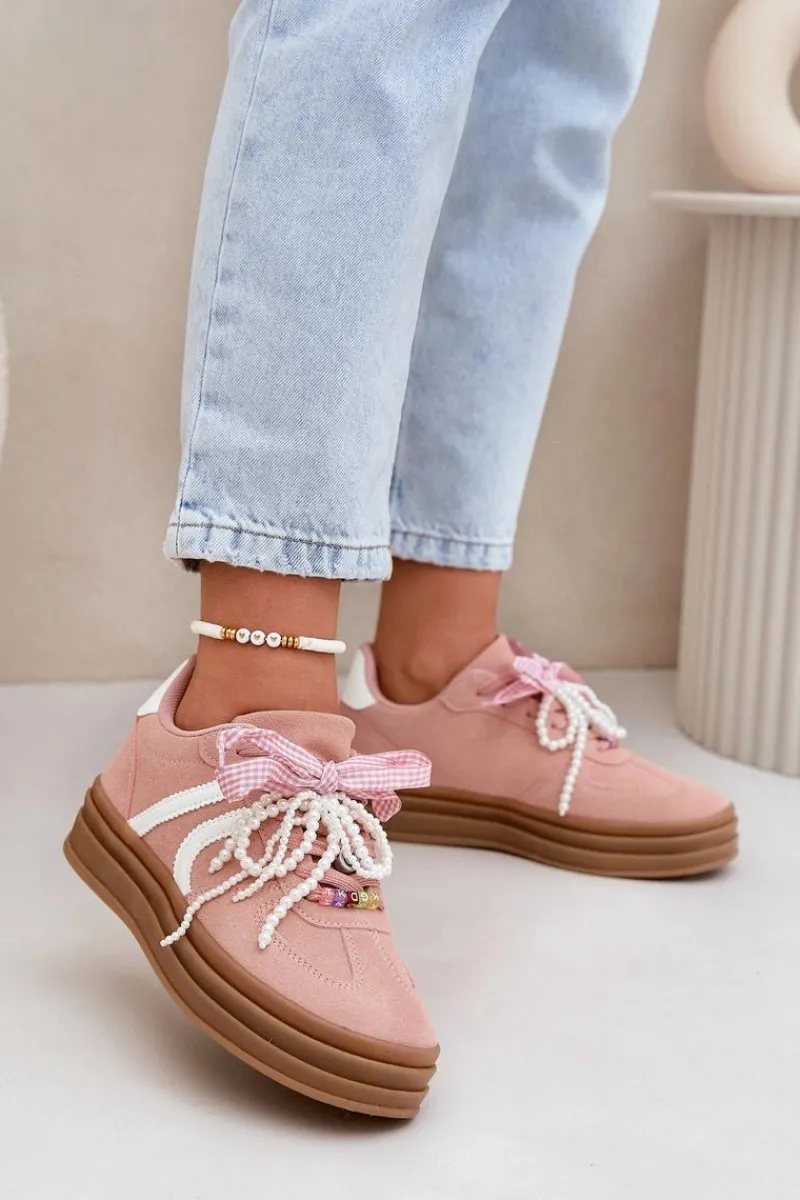 New Boto Sneakersy Damskie Na Platformie Z Ozdobami Różowe Vinness Różowy