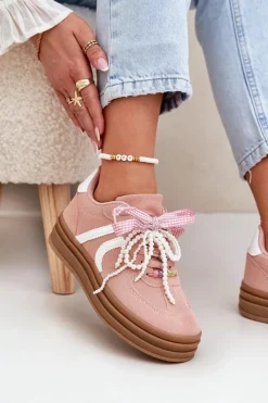 New Boto Sneakersy Damskie Na Platformie Z Ozdobami Różowe Vinness Różowy