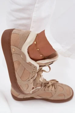 Online Sneakersy Damskie Na Platformie Ocieplane Futerkiem Beżowe Solvia Damskie Sneakersy Damskie
