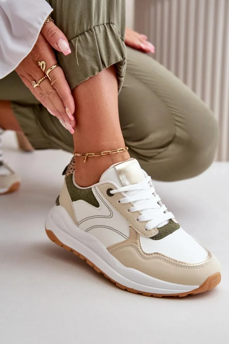 Discount Sneakersy Damskie Na Platformie Z Eko Skóry Beżowo-Zielone Issatta Damskie Buty Sportowe Na Platformie|Sneakersy Damskie