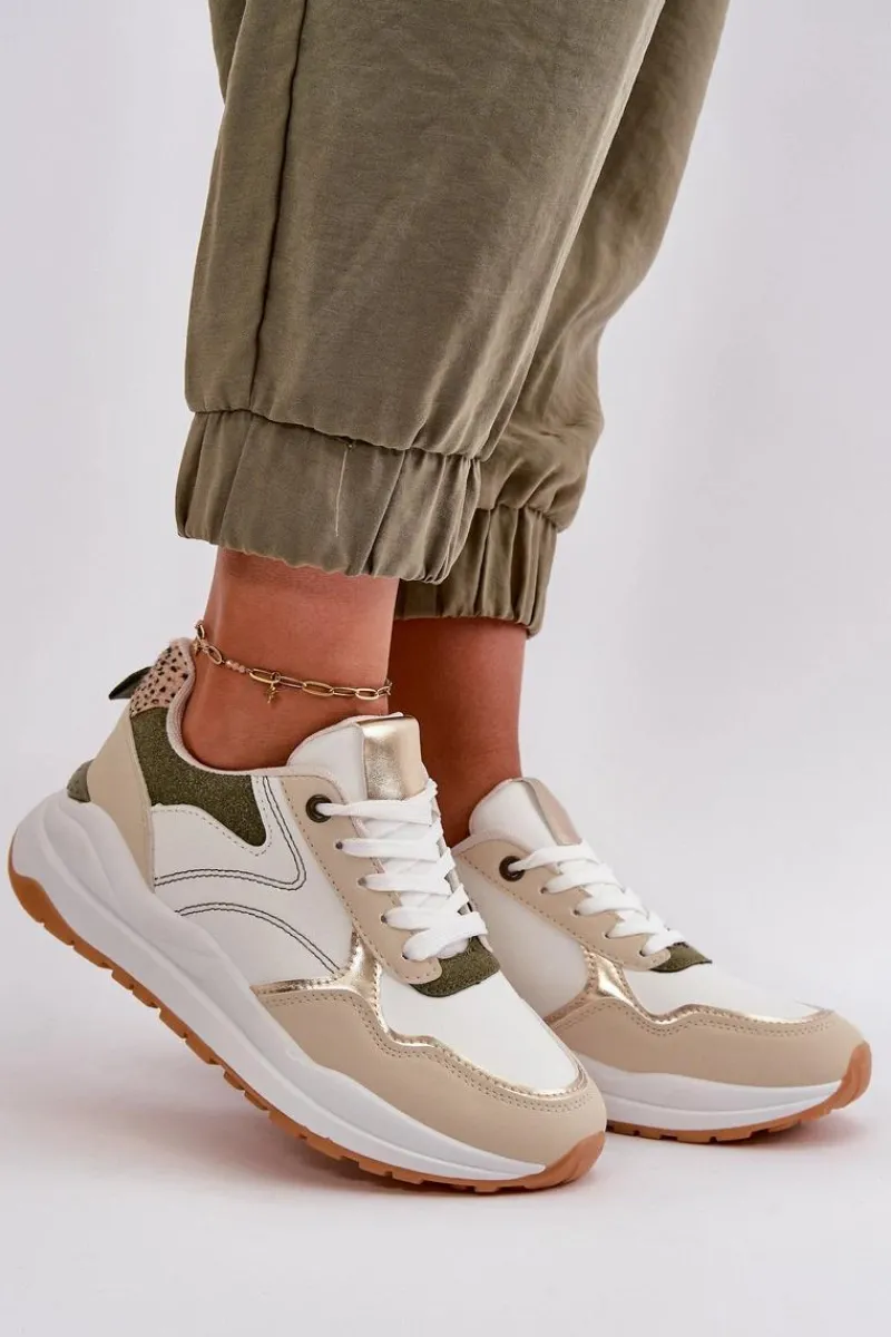 Discount Sneakersy Damskie Na Platformie Z Eko Skóry Beżowo-Zielone Issatta Damskie Buty Sportowe Na Platformie|Sneakersy Damskie