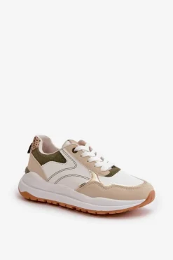 Discount Sneakersy Damskie Na Platformie Z Eko Skóry Beżowo-Zielone Issatta Damskie Buty Sportowe Na Platformie|Sneakersy Damskie