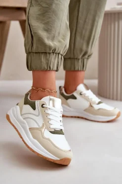 Discount Sneakersy Damskie Na Platformie Z Eko Skóry Beżowo-Zielone Issatta Damskie Buty Sportowe Na Platformie|Sneakersy Damskie