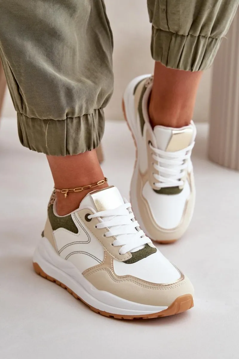 Discount Sneakersy Damskie Na Platformie Z Eko Skóry Beżowo-Zielone Issatta Damskie Buty Sportowe Na Platformie|Sneakersy Damskie