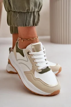 Discount Sneakersy Damskie Na Platformie Z Eko Skóry Beżowo-Zielone Issatta Damskie Buty Sportowe Na Platformie|Sneakersy Damskie