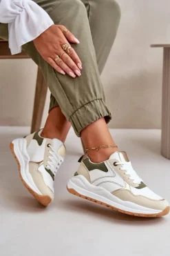 Discount Sneakersy Damskie Na Platformie Z Eko Skóry Beżowo-Zielone Issatta Damskie Buty Sportowe Na Platformie|Sneakersy Damskie