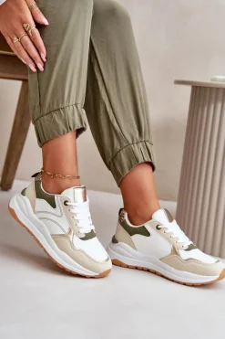 Discount Sneakersy Damskie Na Platformie Z Eko Skóry Beżowo-Zielone Issatta Damskie Buty Sportowe Na Platformie|Sneakersy Damskie