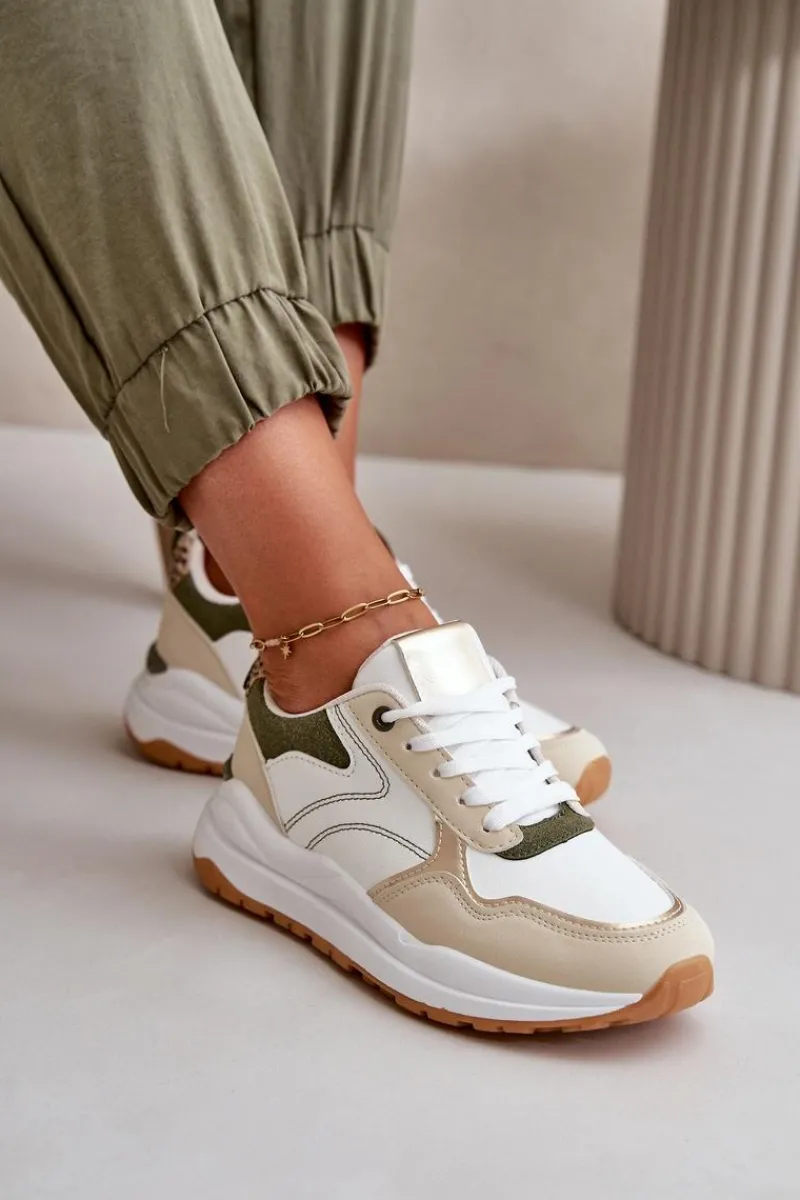 Discount Sneakersy Damskie Na Platformie Z Eko Skóry Beżowo-Zielone Issatta Damskie Buty Sportowe Na Platformie|Sneakersy Damskie