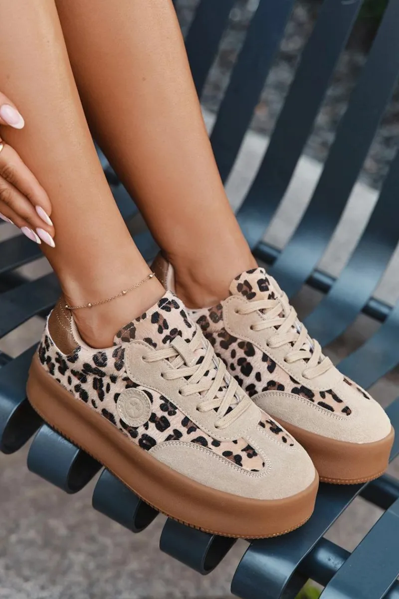 Sneakersy Damskie Na Platformie Panterka Big Star SS274763 Beżowe Damskie Buty Sportowe Big Star|Sneakersy Damskie