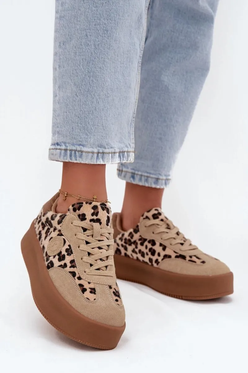 Sneakersy Damskie Na Platformie Panterka Big Star SS274763 Beżowe Damskie Buty Sportowe Big Star|Sneakersy Damskie