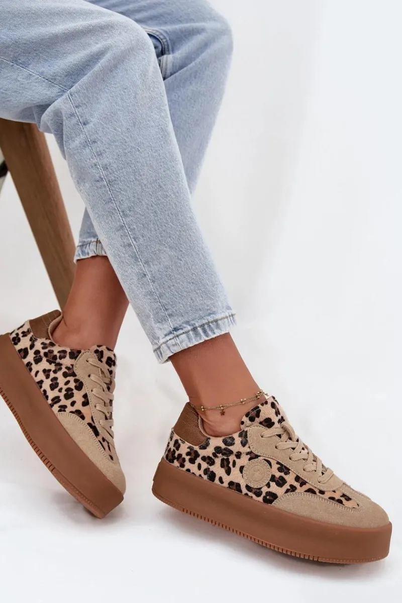 Sneakersy Damskie Na Platformie Panterka Big Star SS274763 Beżowe Damskie Buty Sportowe Big Star|Sneakersy Damskie