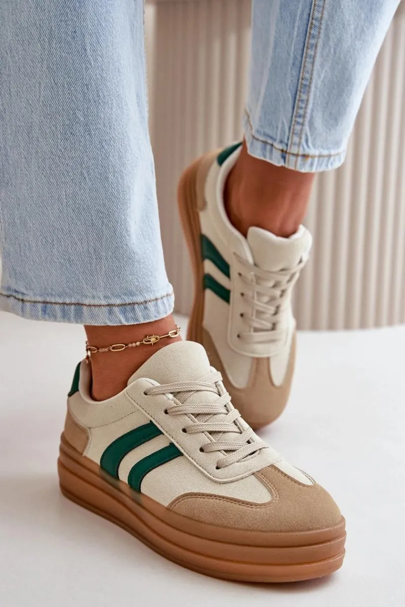 Discount Sneakersy Damskie Na Platformie Beżowo-Zielone Nesonice Damskie Sneakersy Damskie