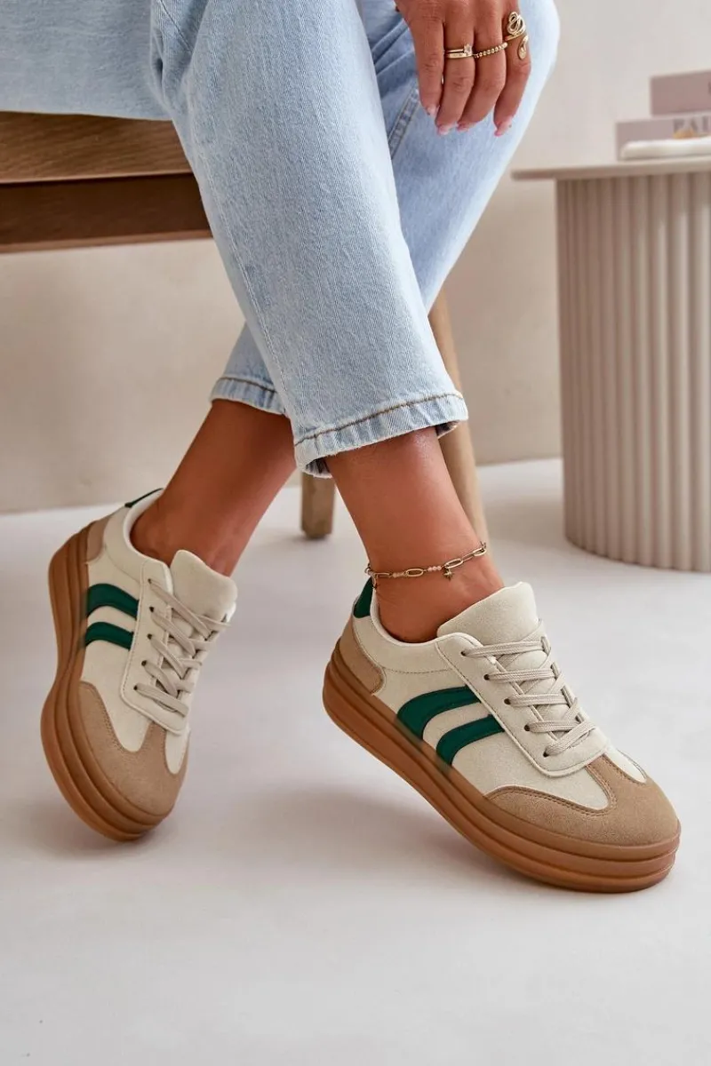 Discount Sneakersy Damskie Na Platformie Beżowo-Zielone Nesonice Damskie Sneakersy Damskie