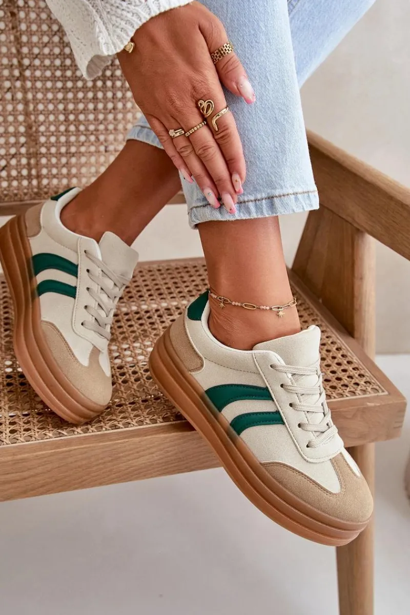 Discount Sneakersy Damskie Na Platformie Beżowo-Zielone Nesonice Damskie Sneakersy Damskie