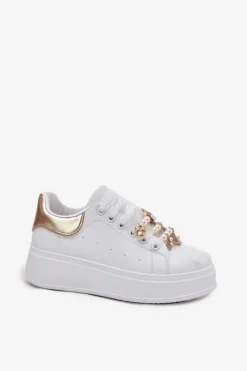Buty Sportowe Na Platformie|Sneakersy Damskie></noscript>Boto Sneakersy Damskie Na Platformie Z Przypinkami Biało-Złote Ocerdia