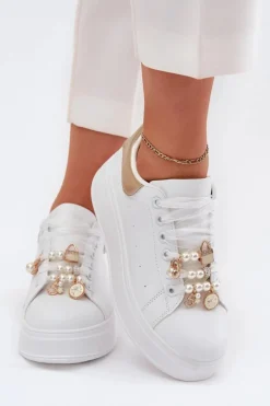 Buty Sportowe Na Platformie|Sneakersy Damskie></noscript>Boto Sneakersy Damskie Na Platformie Z Przypinkami Biało-Złote Ocerdia