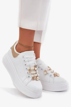 Buty Sportowe Na Platformie|Sneakersy Damskie></noscript>Boto Sneakersy Damskie Na Platformie Z Przypinkami Biało-Złote Ocerdia