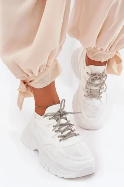Sneakersy Damskie>Boto Sneakersy Damskie Na Platformie Ozdobnym Sznurowaniem Białe Evalianne