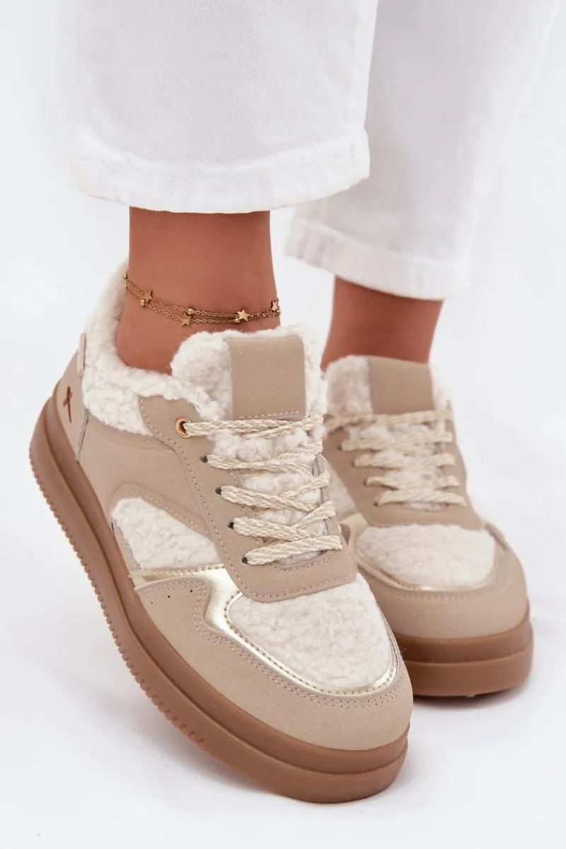 Buty Sportowe Na Platformie|Sneakersy Damskie>Boto Sneakersy Damskie Na Platformie Z Futerkiem Typu Baranek Beżowe Frelina