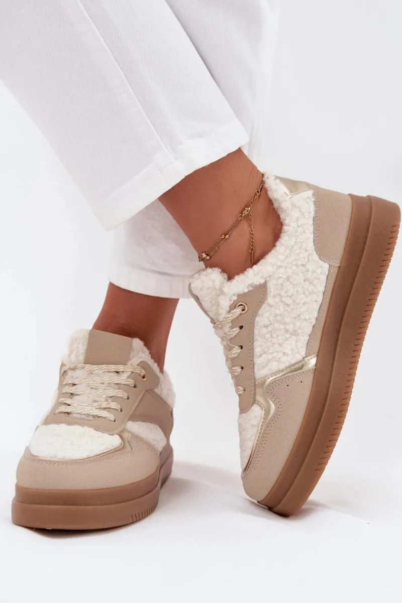Buty Sportowe Na Platformie|Sneakersy Damskie>Boto Sneakersy Damskie Na Platformie Z Futerkiem Typu Baranek Beżowe Frelina
