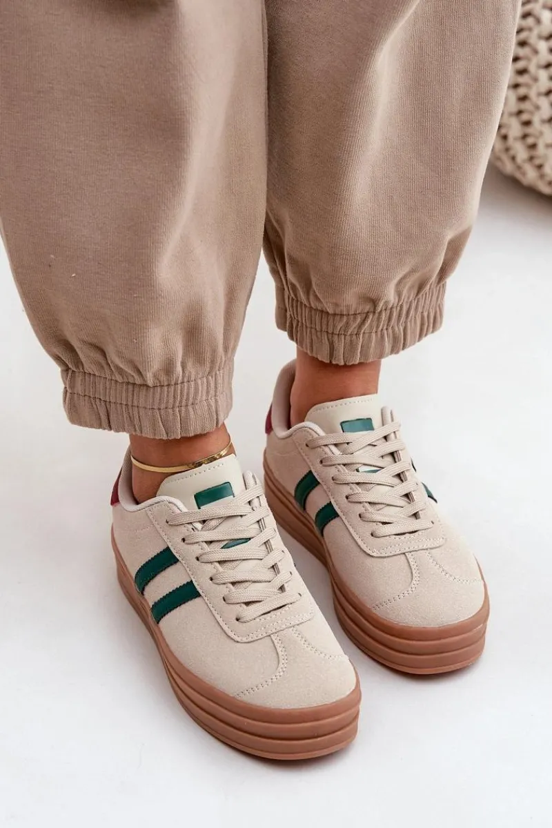 Online Boto Sneakersy Damskie Na Platformie Beżowo-Zielone Egelia