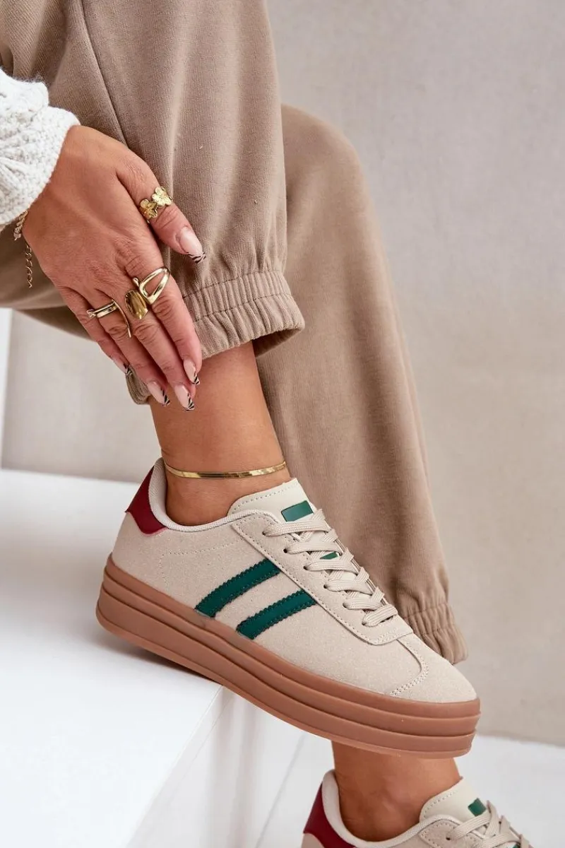 Online Boto Sneakersy Damskie Na Platformie Beżowo-Zielone Egelia