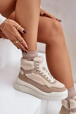 Best Lee Cooper Sneakersy Damskie Na Platformie Z Futerkiem Typu Baranek LCJ-24-47-3146 Beżowe