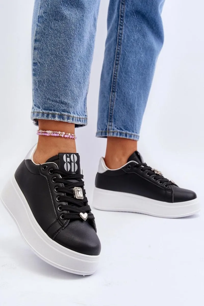 Online Sneakersy Damskie Na Platformie Z Ozdobami Czarne Herbisa Damskie Buty Sportowe Na Platformie|Sneakersy Damskie