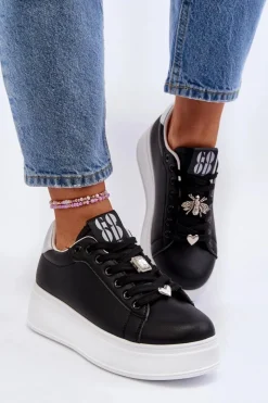 Online Sneakersy Damskie Na Platformie Z Ozdobami Czarne Herbisa Damskie Buty Sportowe Na Platformie|Sneakersy Damskie