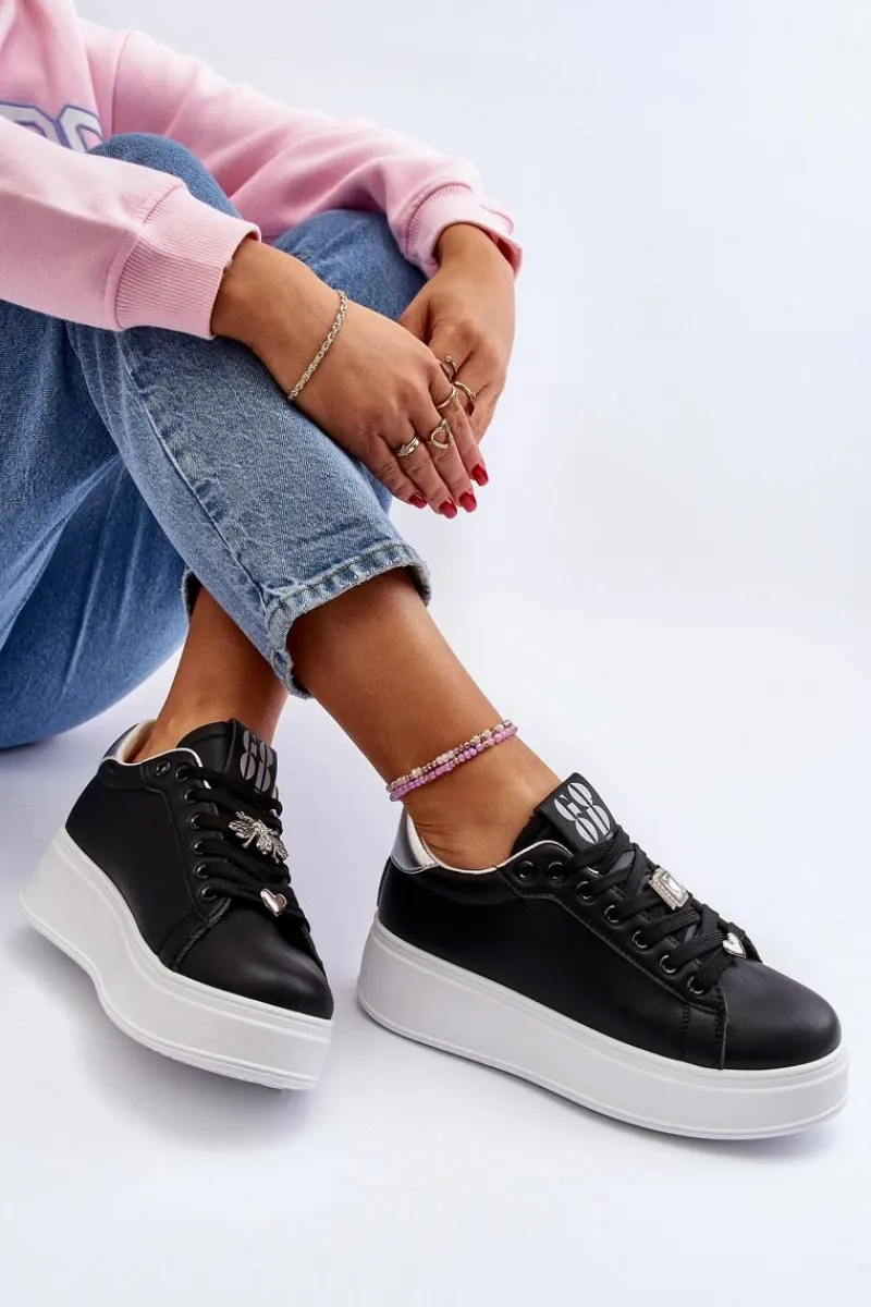 Online Sneakersy Damskie Na Platformie Z Ozdobami Czarne Herbisa Damskie Buty Sportowe Na Platformie|Sneakersy Damskie