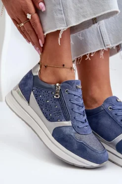 Sneakersy Damskie></noscript>INBLU Sneakersy Damskie Na Platformie Z Ażurowym Wzorem I Brokatem IN000372 Niebieskie