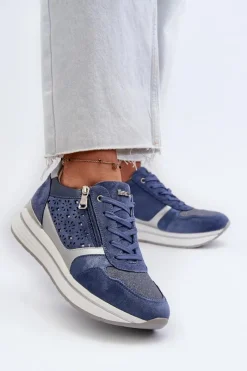 Sneakersy Damskie></noscript>INBLU Sneakersy Damskie Na Platformie Z Ażurowym Wzorem I Brokatem IN000372 Niebieskie