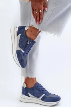Sneakersy Damskie></noscript>INBLU Sneakersy Damskie Na Platformie Z Ażurowym Wzorem I Brokatem IN000372 Niebieskie