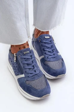 Sneakersy Damskie></noscript>INBLU Sneakersy Damskie Na Platformie Z Ażurowym Wzorem I Brokatem IN000372 Niebieskie