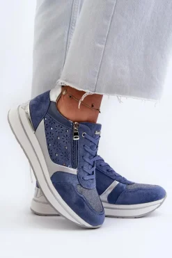 Sneakersy Damskie></noscript>INBLU Sneakersy Damskie Na Platformie Z Ażurowym Wzorem I Brokatem IN000372 Niebieskie