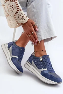 Sneakersy Damskie></noscript>INBLU Sneakersy Damskie Na Platformie Z Ażurowym Wzorem I Brokatem IN000372 Niebieskie
