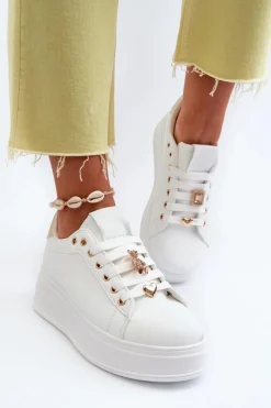 New Boto Sneakersy Damskie Na Platformie Z Przypinkami Eko Skóra Białe Cavisa