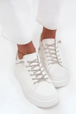 Discount Sneakersy Damskie Na Platformie Z Ozdobnym Sznurowaniem I Brokatem Białe Belmira Damskie Buty Sportowe Na Platformie|Sneakersy Damskie