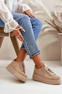 Sale Sneakersy Damskie Na Platformie Z Misiem Beżowe Vailina Damskie Buty Sportowe Na Platformie|Sneakersy Damskie